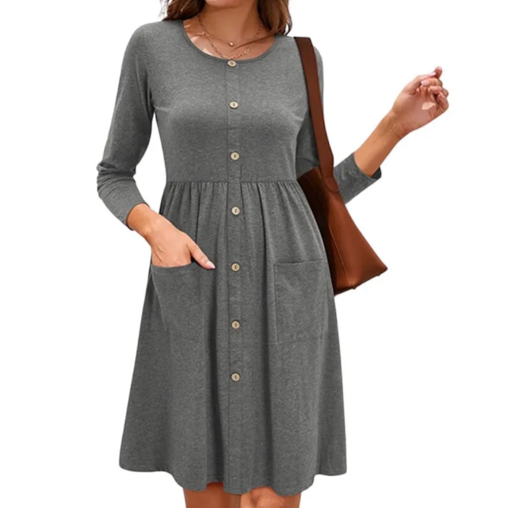 OUGES Summer Long Sleeve Midi Dress V Neck Button Down Skater Dress with Pockets